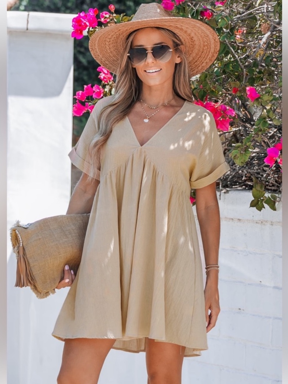 CUPSHE Light Tan V-Neck Boho Babydoll Sundress X-Small